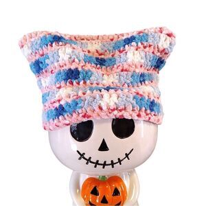 Handmade Pink Colorblock Kawaii Cat Ear Crochet Beanie Hat NWOT Blue White